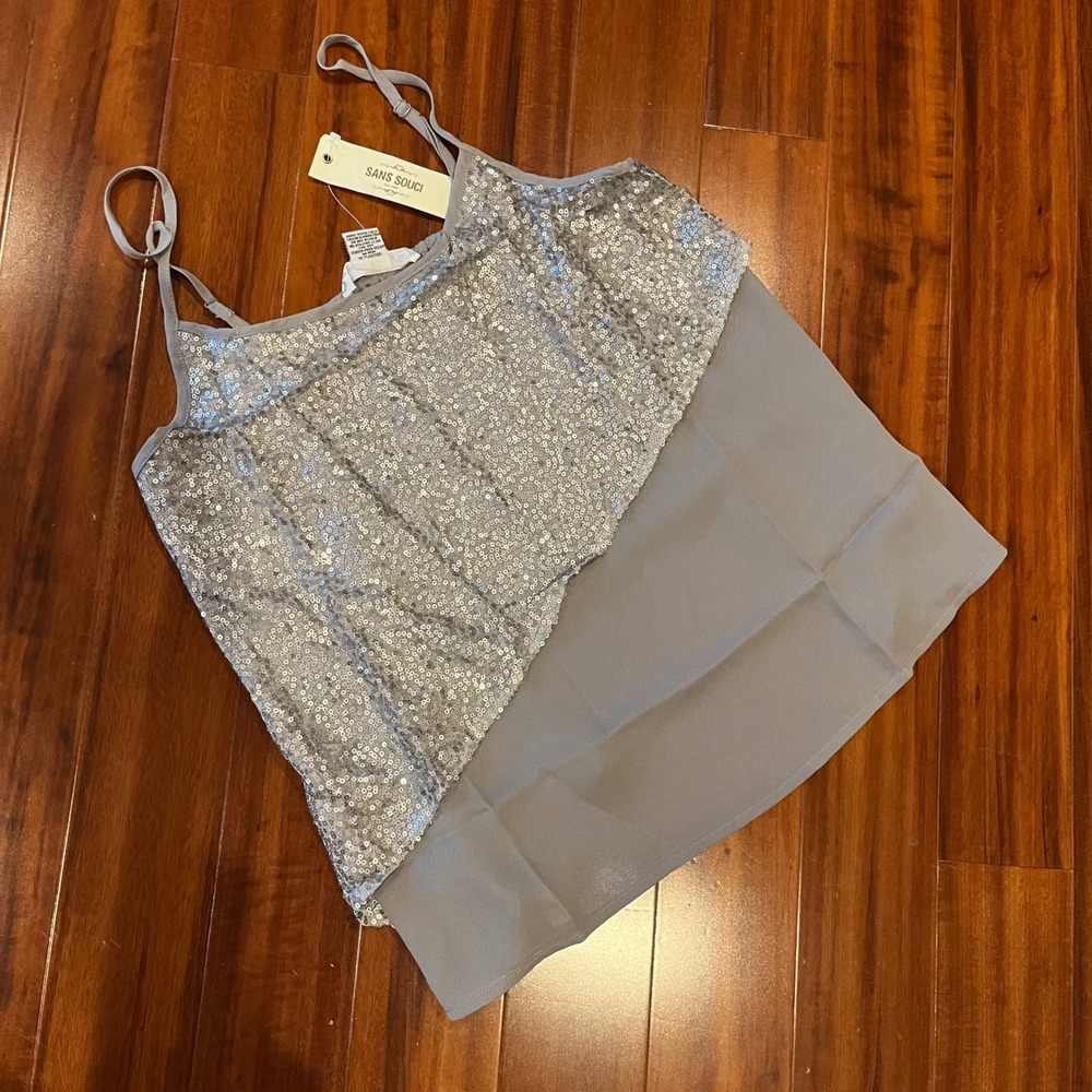 Gray Silver Sequin Tank Top Cami Sans Souci Layered Camisole GST630 New Medium